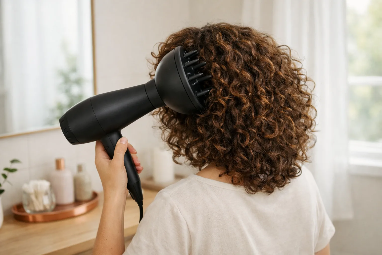 Hår som torkas med diffuser.