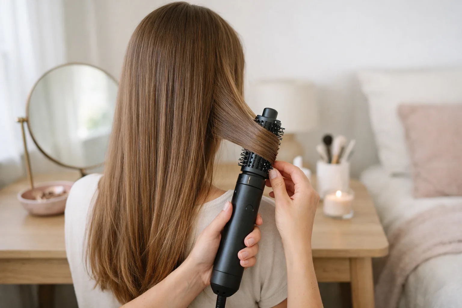 Långt hår som stylas med multistyler.
